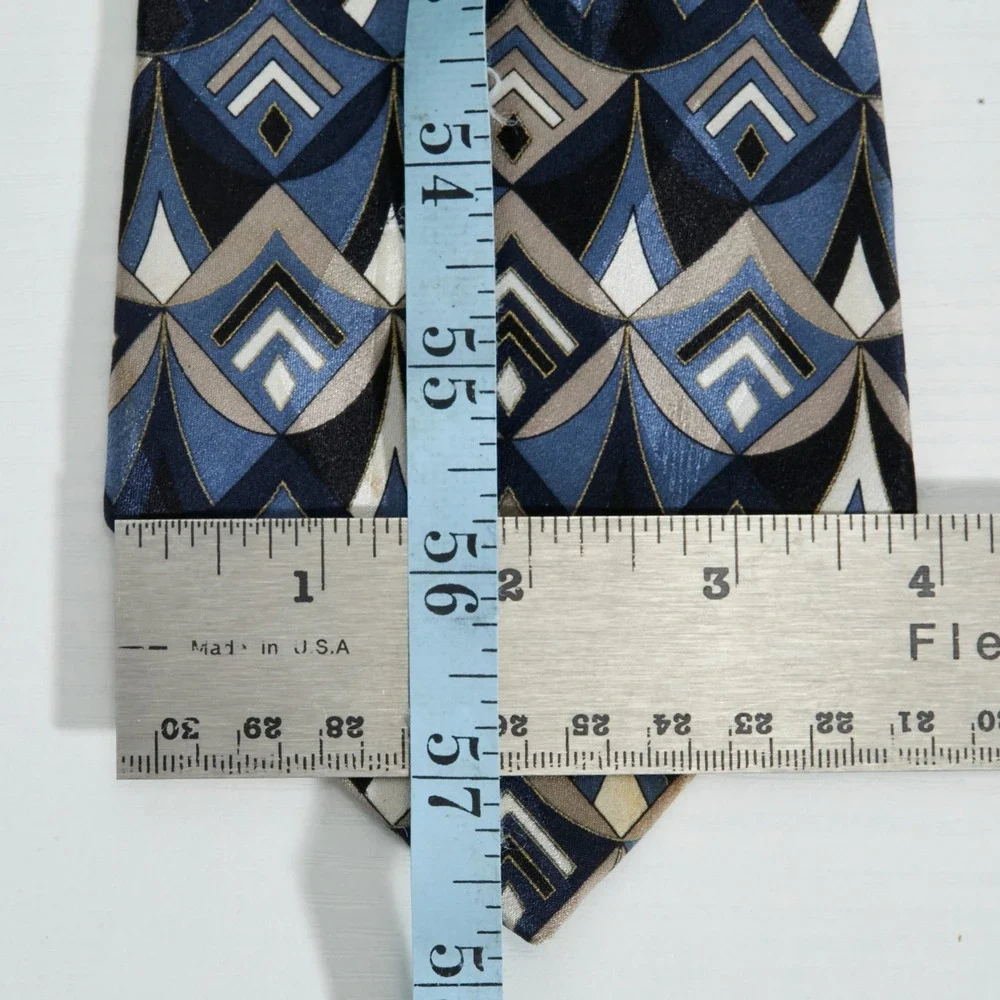 Courreges Homme Tie Mens Blue Geometric Art Deco Print Italian Silk